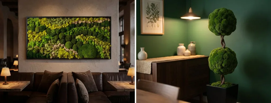 A long framed preserved moss panel above leather banquettes in a restaurant, and a preserved moss double ball topiary in a black planter against a dark green dining room wall.