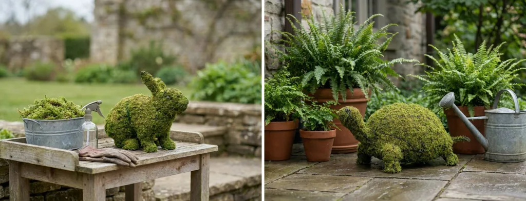 A galvanized tub of damp green moss and a spray bottle beside a mossed rabbit topiary on a wooden garden bench, and a mossed turtle topiary on a stone patio among potted ferns.