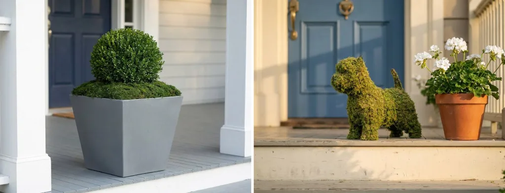A clipped boxwood ball in a tall gray planter on a front porch with the soil surface fully dressed in flat green sheet moss, and a mossed dog topiary on a porch step beside a pot of white geraniums.
