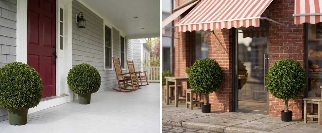 A pair of artificial boxwood balls either side of a red door on the covered porch of a gray-shingled house, and a pair of artificial boxwood ball trees in black pots either side of a bakery door under a striped awning.
