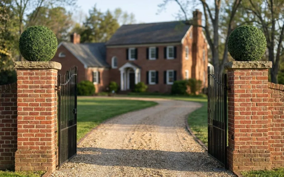A pair of artificial boxwood balls sitting on the stone caps of red brick gate piers either side of an open black iron gate, with a gravel drive leading to a brick house.