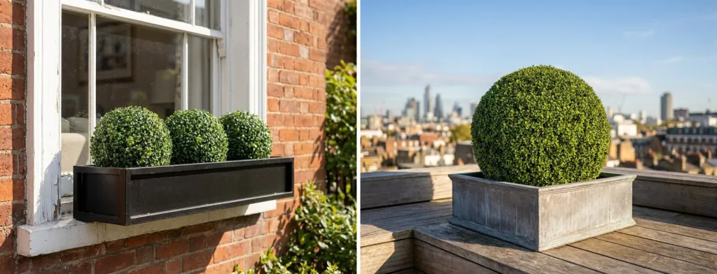 Three small artificial boxwood balls in a black window box under a sash window, and a large artificial boxwood ball in a square zinc planter on a rooftop terrace.
