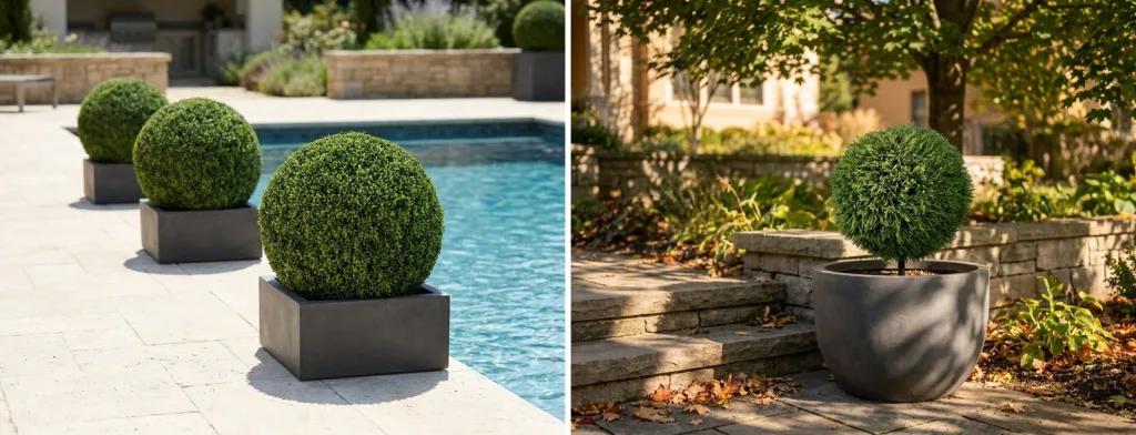 Three artificial boxwood balls in square charcoal planters on a sunny pool deck, and an artificial cedar ball in a gray planter in the dappled shade of a maple beside stone steps.