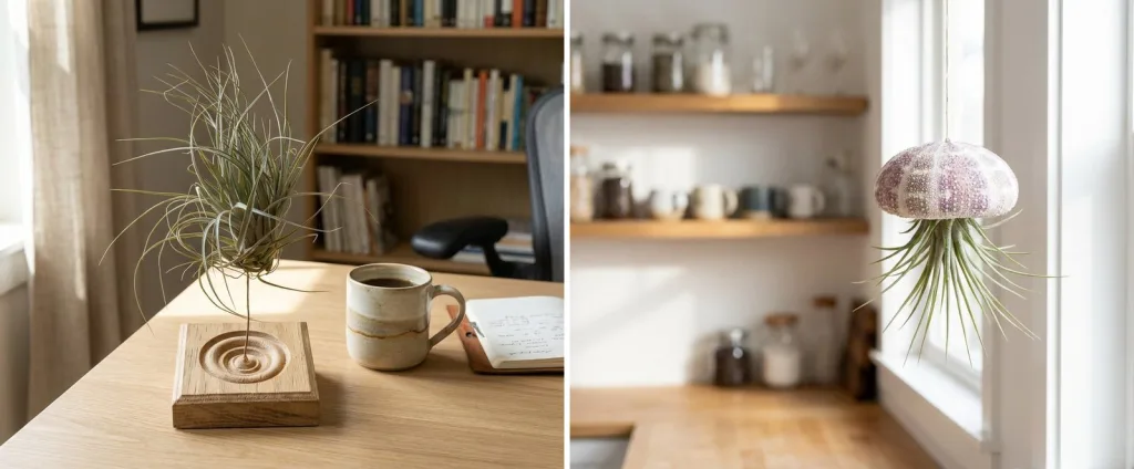 An air plant on a wooden stand on a home office desk beside a window with linen curtains, and an air plant hanging in a sea urchin shell by a bright kitchen window.