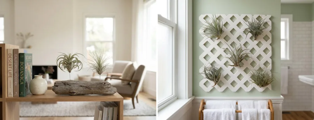 Two air plants on a piece of driftwood on a living room bookshelf, and five air plants on a white lattice panel on a bathroom wall by a window.