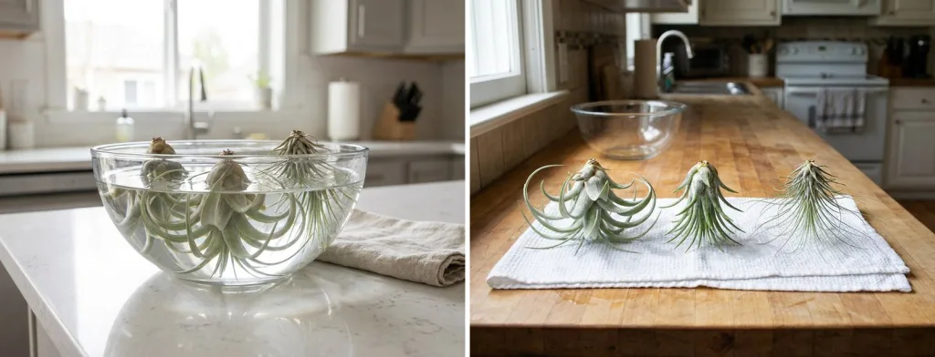 Three air plants upside down in a clear glass bowl of water on a white kitchen counter, and three wet air plants drying upside down on a folded white towel on a butcher-block counter.