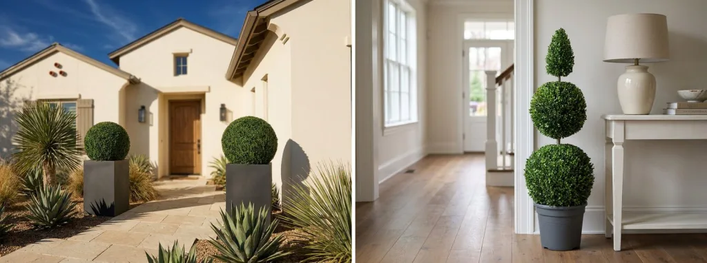 A pair of artificial boxwood balls in tall charcoal planters by the front door of a cream stucco house in strong sun, and a preserved boxwood double ball in a bright hallway.