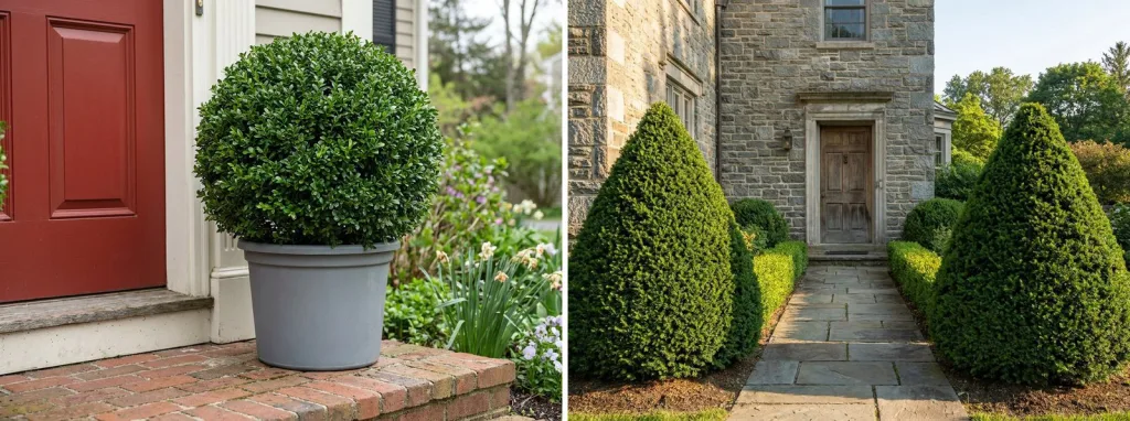 A clipped Japanese holly ball in a gray planter on a brick step by a red front door, and a pair of clipped yew cones either side of a stone path to a gray stone house.