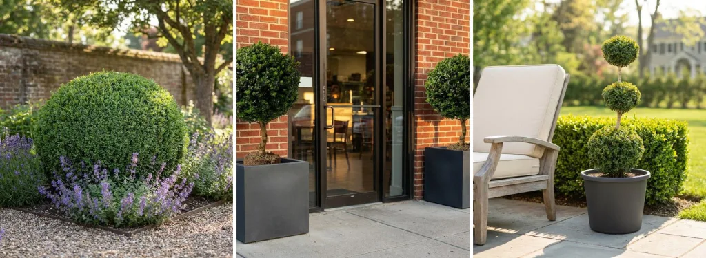 Three boxwood forms: a large clipped boxwood ball in a lavender border, a pair of balls on stems in square planters by a shop door, and a tiered ball standard in a black pot on a patio.