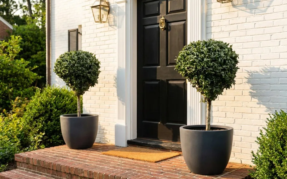 A matched pair of boxwood balls on stems in round black pots either side of a black front door on a white brick house.