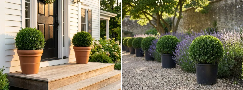 A pair of boxwood balls in terracotta pots on the wooden steps of a white farmhouse, and a row of boxwood balls in black pots along a gravel path edged with lavender.