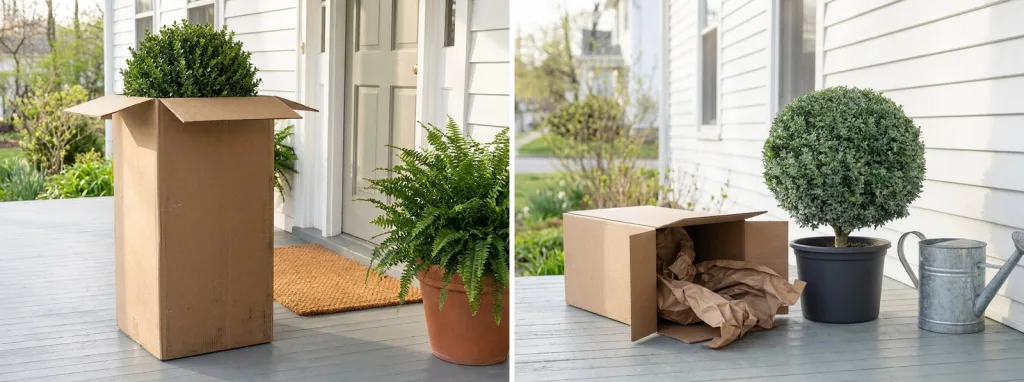 A tall shipping box on a front porch beside a potted fern, and a boxwood ball on a stem just unpacked on the porch floor next to its open box and a watering can.