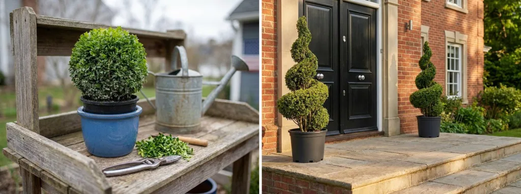 A small boxwood ball in a blue pot on a garden potting bench with fresh clippings and shears beside it, and a pair of boxwood spirals in black pots by a black front door.
