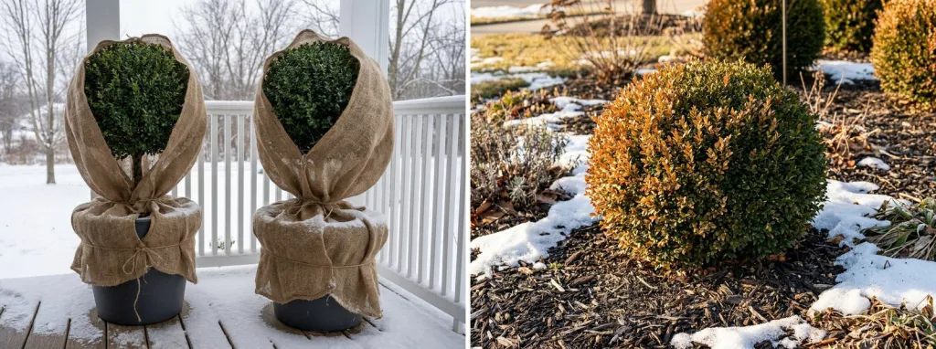 Two potted boxwood topiaries on a snowy porch wrapped loosely in burlap, and a boxwood ball in a garden bed with orange-bronze winter leaves on its sunny side.