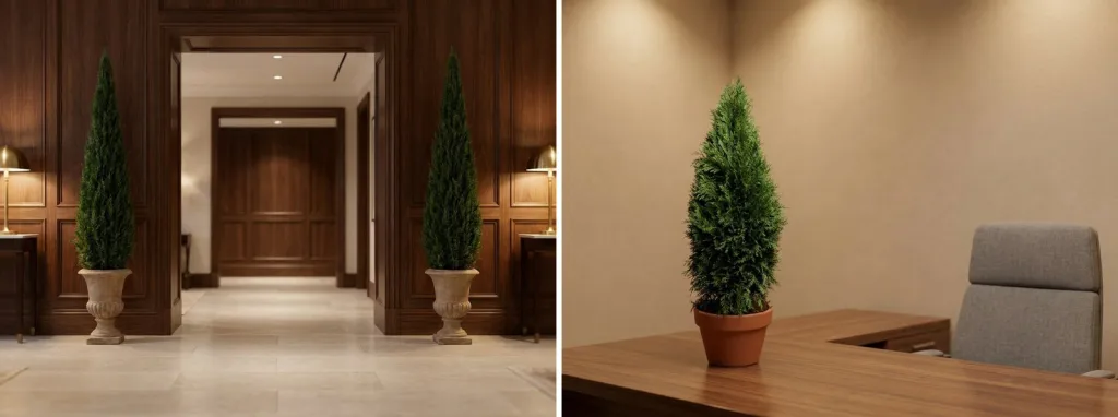 A pair of preserved cone topiaries in stone urns in a wood-paneled hotel corridor, and a preserved cone in a terracotta pot on an office desk.