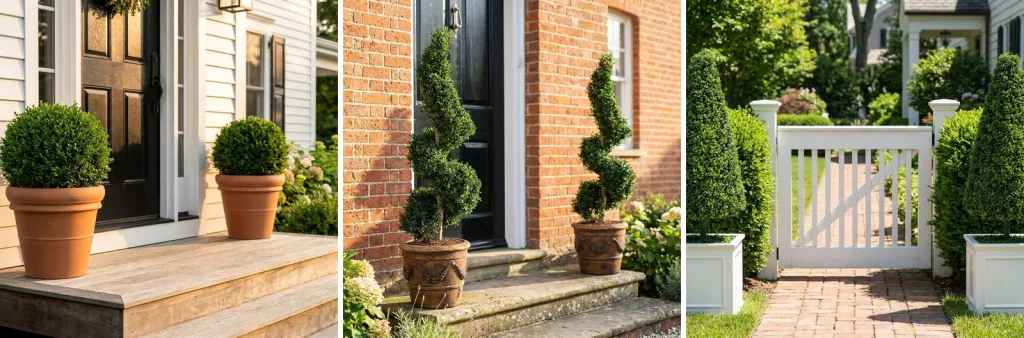 A pair of boxwood balls in terracotta pots on the wooden steps of a white house, a pair of spirals in terracotta pots by a black door on a brick house, and two tall cones in white planters either side of a garden gate.