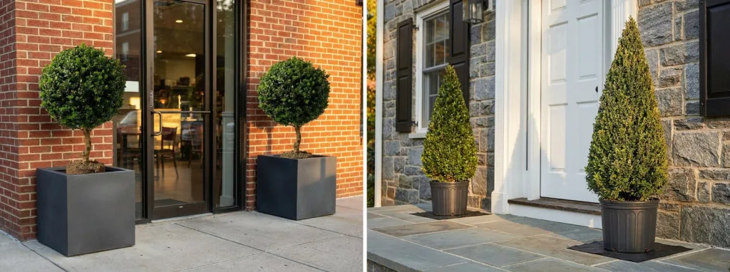 A pair of boxwood balls on stems in square charcoal planters either side of a glass shop door in a brick wall, and a pair of live boxwood cones in black pots by the white door of a stone house.