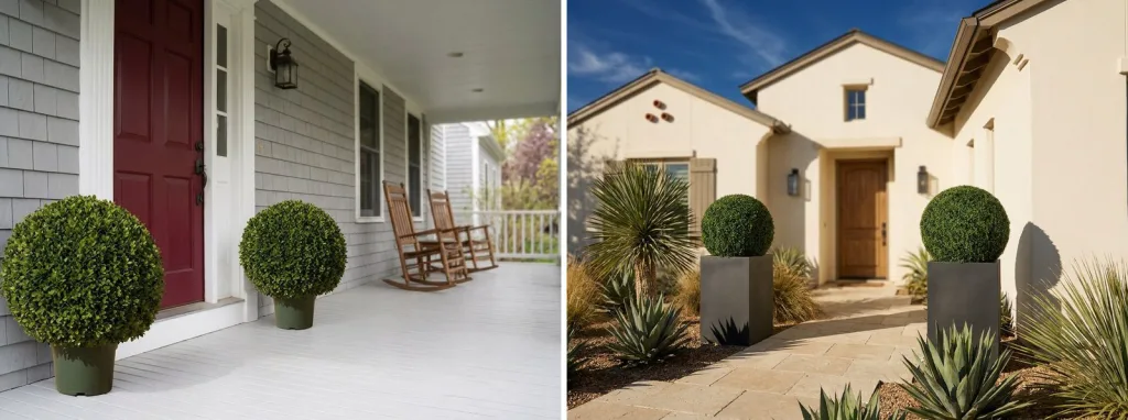 A pair of artificial boxwood balls on a covered porch beside a red door, and a pair of UV-rated artificial boxwood balls in tall charcoal planters by a stucco house in strong sun.