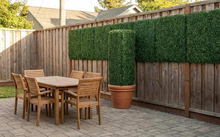 Artificial yew hedge panels fixed in a run along the top of a cedar privacy fence behind a patio dining set, with a tall column topiary in a terracotta pot breaking the line.