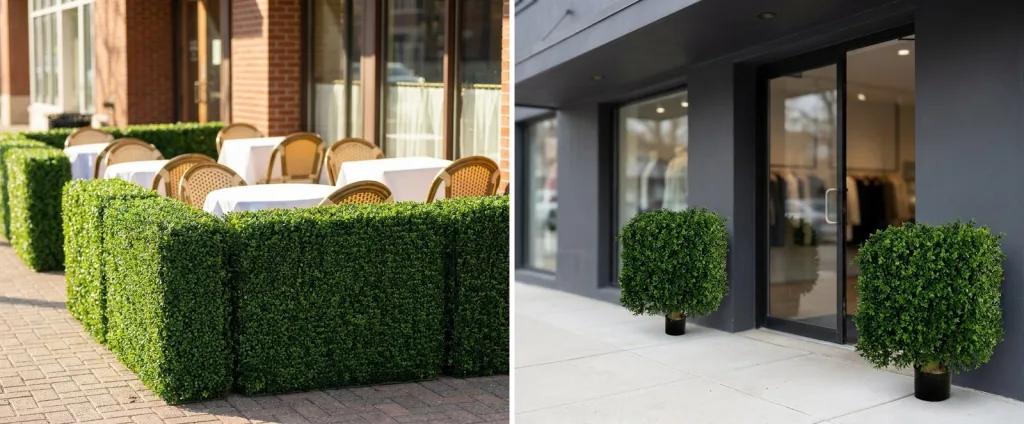 Artificial boxwood hedge sections placed end to end around the sidewalk dining area of a bistro, and a pair of artificial boxwood square topiaries either side of a modern boutique door.
