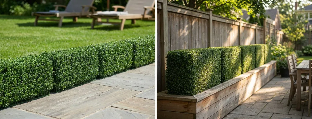 A low artificial boxwood hedge edging a bluestone patio beside a lawn, and artificial boxwood hedges on a raised cedar planter along a backyard patio fence.