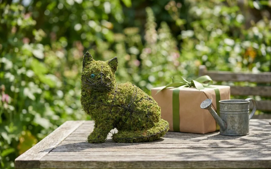 A small mossed cat on a weathered garden table beside a kraft-paper gift box with a green ribbon and a small galvanized watering can.