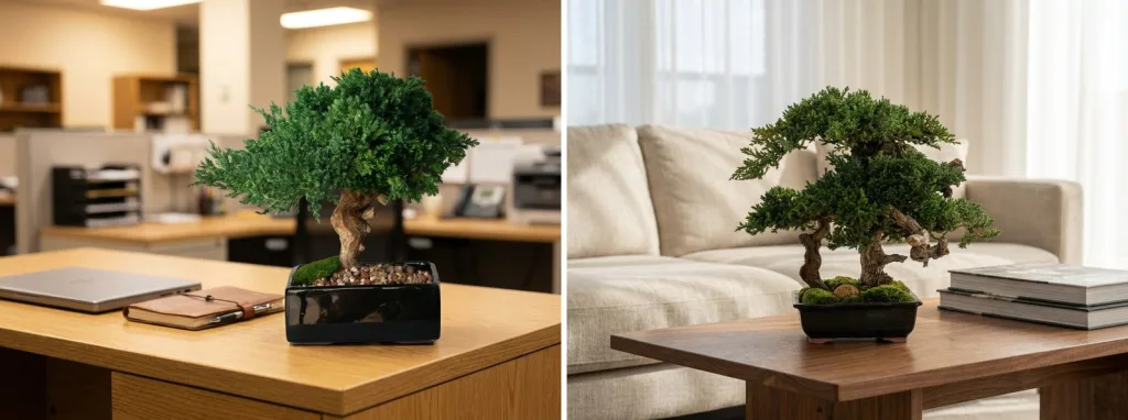 A preserved bonsai in a black ceramic dish on an office desk beside a laptop, and a preserved bonsai on a coffee table in front of a cream sofa.