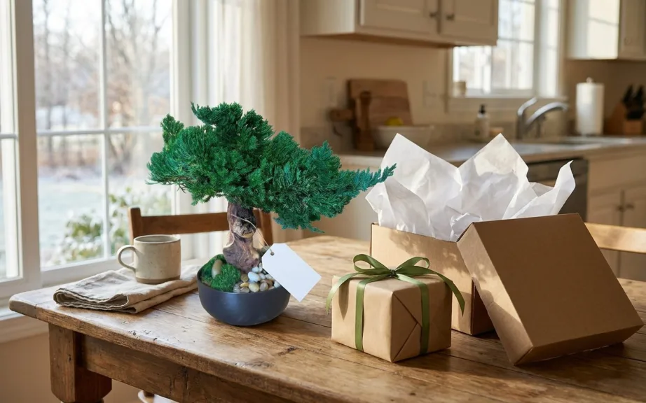 A small preserved bonsai in a dark bowl on a farmhouse kitchen table beside a kraft-paper gift box with a green ribbon and an opened shipping box with tissue paper.