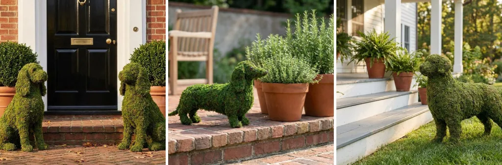 A pair of mossed spaniels sitting either side of a black front door, a mossed dachshund on a brick patio beside potted herbs, and a mossed golden retriever on the lawn by porch steps.