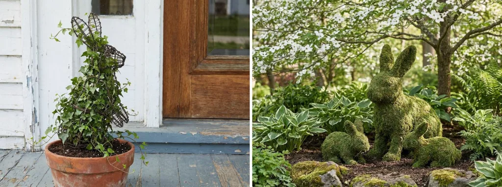 Ivy growing over a wire rabbit frame in a terracotta pot on a porch, and a mossed rabbit with two small rabbits among hostas and ferns under a flowering tree.