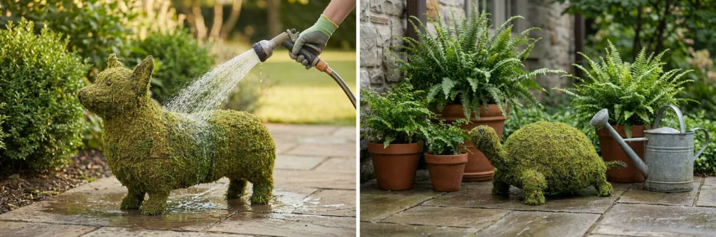 A mossed corgi on a flagstone patio being soaked with a shower spray from a garden hose held in a gloved hand, water pooling around its feet, and a mossed turtle among potted ferns with a galvanized watering can.