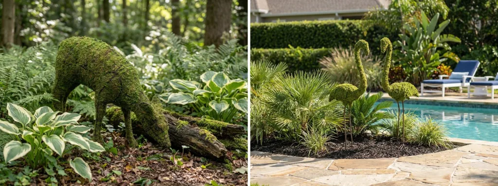 A mossed doe grazing among hostas in dappled woodland shade, and a pair of mossed flamingos in a tropical bed beside a swimming pool.