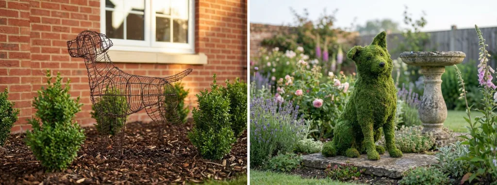 A bare wire Labrador frame in a bed of small boxwoods against a brick wall, and a mossed dog sitting on a flagstone beside a birdbath in a cottage garden.