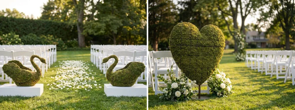 A pair of mossed swans on white plinths either side of a petal-strewn wedding aisle, and a mossed heart on a stand among white hydrangeas beside the rows of chairs.