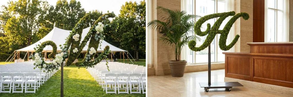 A mossed script letter M dressed with white roses and greenery at the head of an outdoor wedding aisle, and a mossed script letter H on a wheeled stand beside a hotel reception desk.
