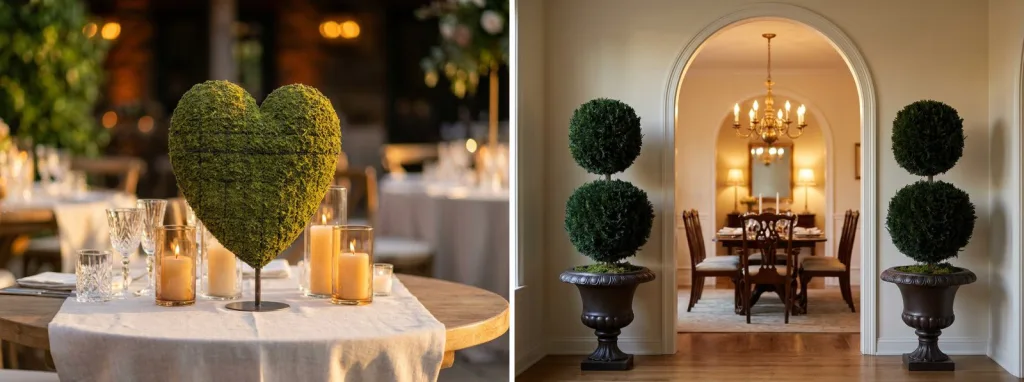 A mossed heart on a stand among candles on a reception table, and a pair of preserved double ball topiaries in black urns at an arched doorway into a dining room.