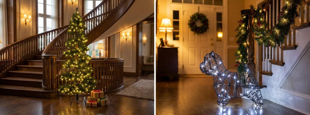 A pre-lit Christmas tree glowing beside a curved wooden staircase in a hotel hall, and a lit wire dog in a front hall with a garland on the banister.