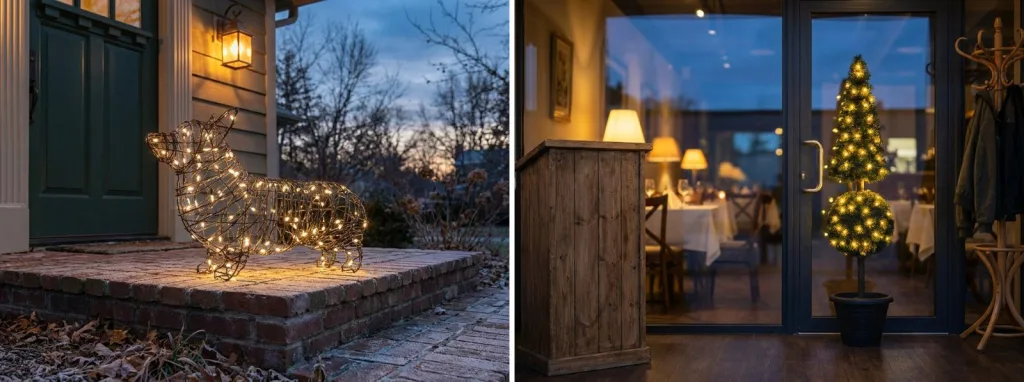 A lit wire corgi glowing on a brick front step at dusk, and a pre-lit ball topiary tree in a pot inside the glass door of a restaurant.