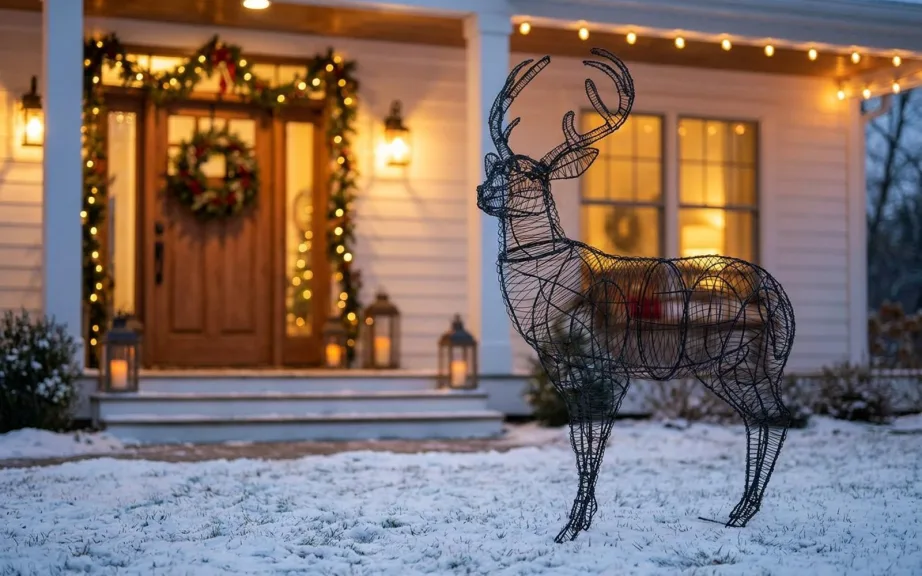 A bare wire reindeer frame standing on a snowy front lawn beside a porch dressed with a wreath and lanterns.