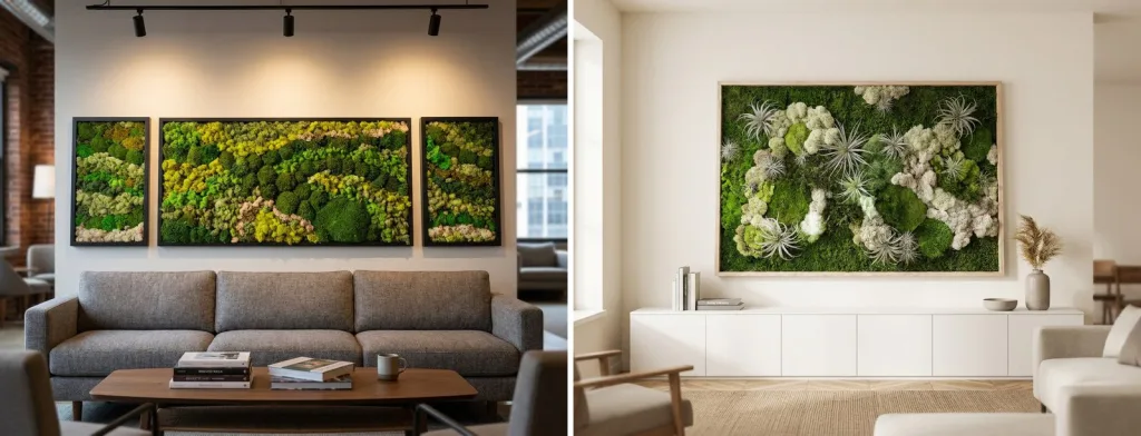 A set of three preserved moss panels hung above a gray sofa in a loft lounge, and a large preserved moss and air plant panel above a white sideboard in a bright living room.