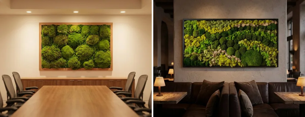 A framed moss ball panel on the wall of an interior conference room with no windows, and a long preserved moss panel above leather banquettes in a dim restaurant.