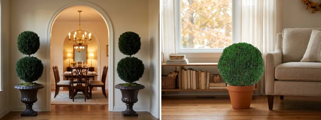 A pair of preserved double ball topiaries in dark urns either side of an arched doorway into a dining room, and a preserved boxwood ball in a terracotta pot beside an armchair in a living room.