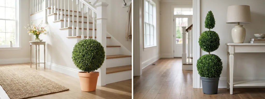 A preserved boxwood ball in a terracotta pot at the foot of a staircase in a bright front hall, and a preserved boxwood cone and double ball in a gray pot beside a hall console.