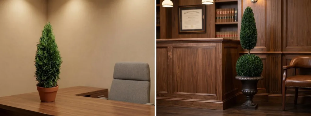 A preserved arborvitae cone in a terracotta pot on the corner of an office desk, and a preserved cone on a ball in an urn beside the wood-paneled reception desk of a law office.