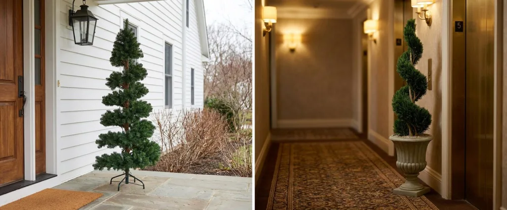 The unlit seven-foot spiral spruce on its wire stand beside a wooden front door on a stone porch on an overcast winter day, and an unlit artificial double spiral in a stone urn by the elevator doors in a hotel corridor.