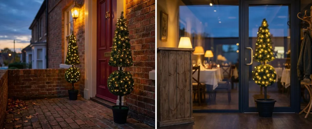 A pair of pre-lit pyramid and ball pine topiaries glowing either side of a red front door on a brick porch at dusk, and a pre-lit square pine cone glowing inside the glass entrance of a restaurant.