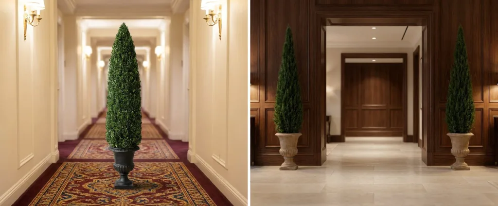 A tall preserved boxwood cone in a black urn in the middle of a long hotel corridor with a patterned carpet, and a pair of preserved juniper cones in stone urns at a paneled lobby doorway.
