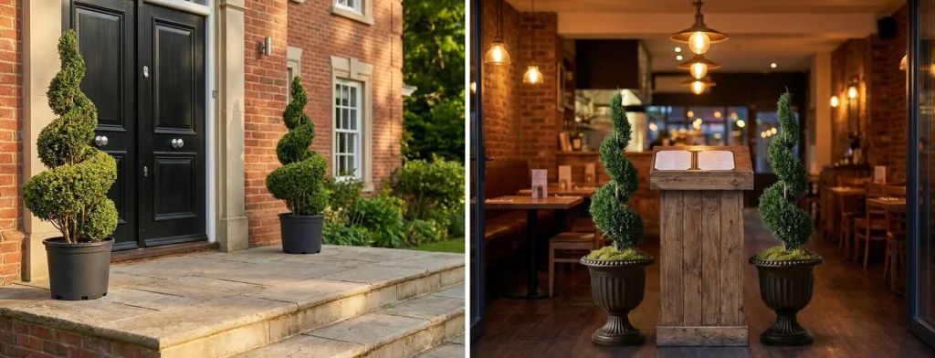 A pair of live boxwood spirals in black pots either side of a black front door on brick steps, and a pair of preserved juniper spirals in black urns at a restaurant entrance.