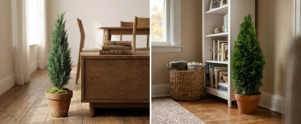 A preserved natural juniper cone in a terracotta pot beside a wooden sideboard in a dining room, and a preserved arborvitae cone in a terracotta pot in the corner of a living room by a bookcase.
