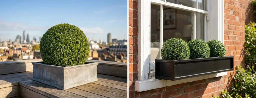A large artificial boxwood ball in a square zinc planter on a rooftop terrace, and three small artificial boxwood balls in a black window box under a sash window.